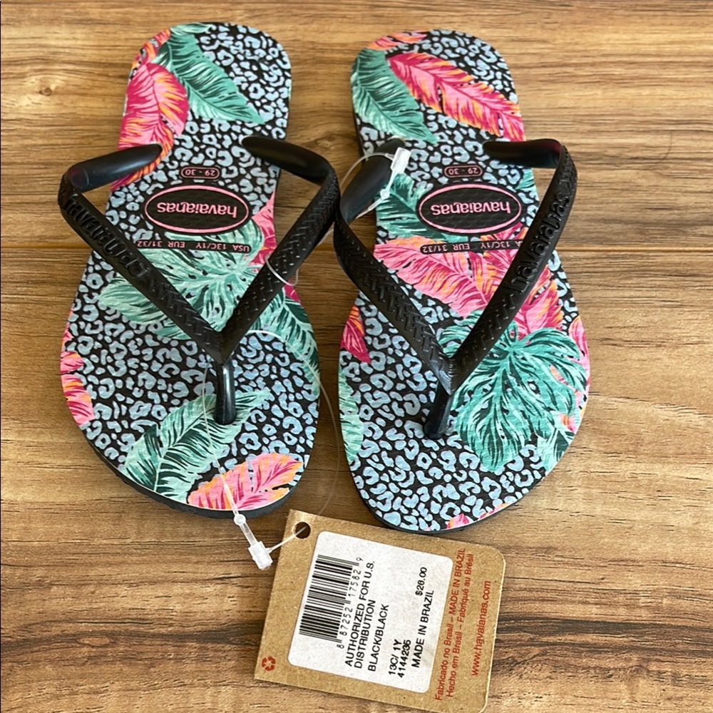 New Havaianas Girls Slim Animal Floral Flip Flop Sandals in Black 13C/1Y